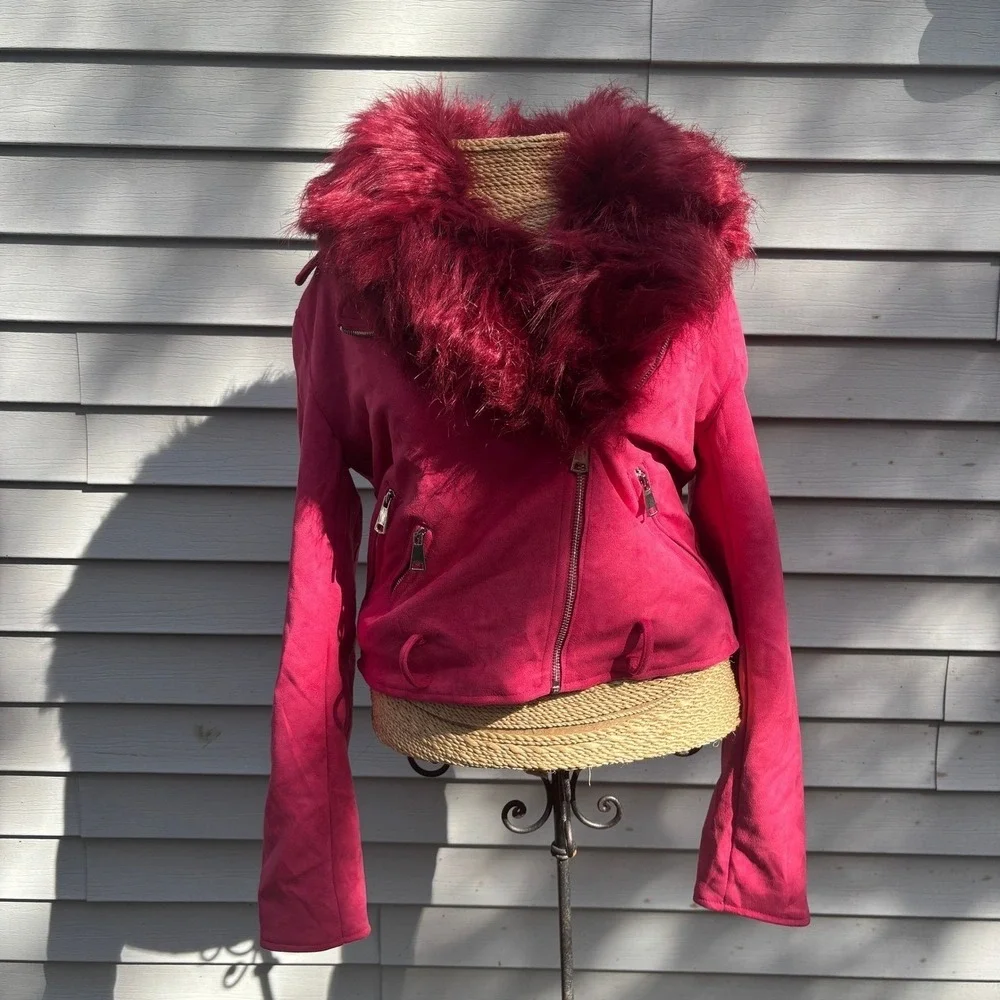 Pink Faux Suede Moto Jacket with Faux Fur Collar‎ Medium Baddy - Picture 3 of 13